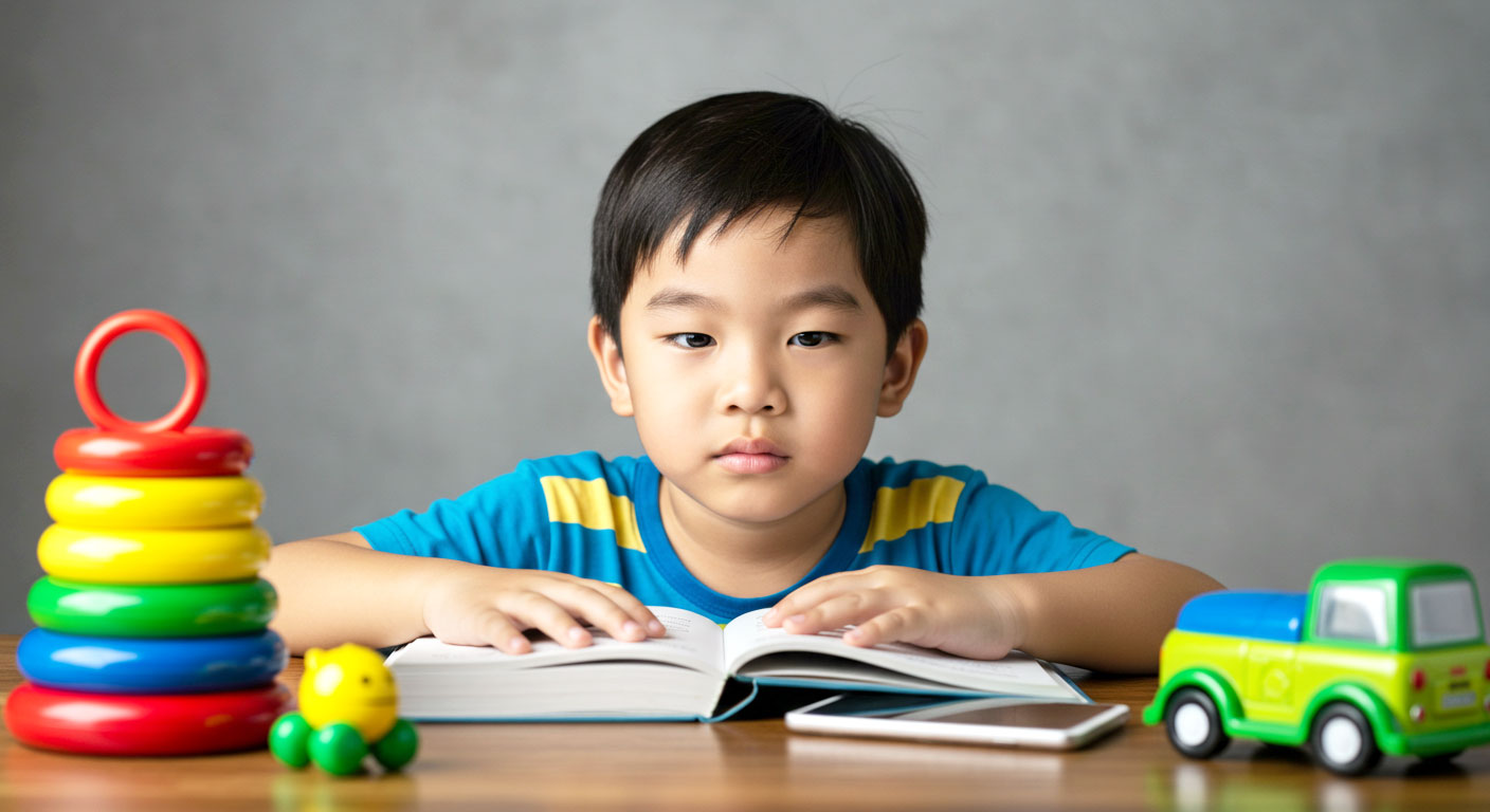 Kanak-kanak dikelilingi mainan dan gajet sambil buku terbiar di meja, melambangkan gangguan buat anak cepat bosan membaca.