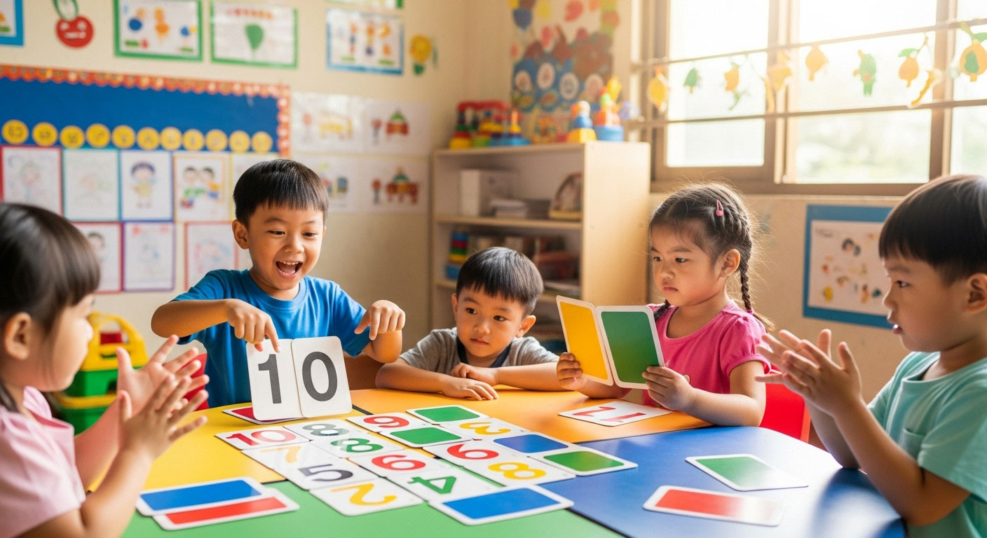 Kanak-kanak Asia bermain permainan daya ingatan berasaskan warna dan nombor di kelas tadika dengan penuh tumpuan dan keterujaan.
