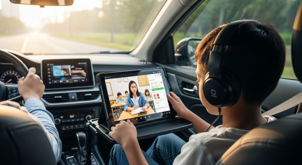Kanak-kanak Melayu duduk di tempat duduk belakang kereta dengan tablet dan fon kepala, fokus mengikuti kelas online semasa perjalanan.