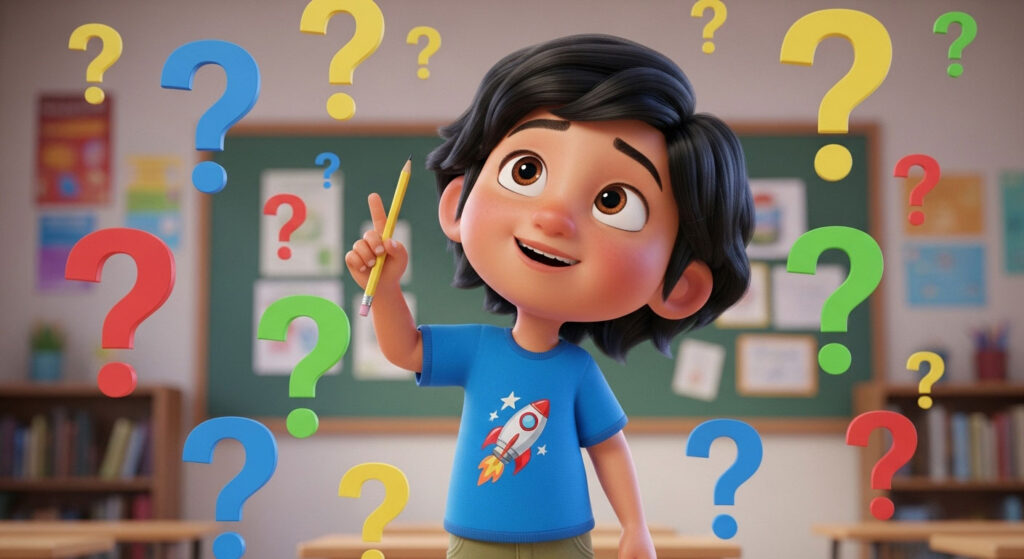 Ilustrasi gaya Pixar menunjukkan anak Melayu memegang pensel sambil memiringkan kepala dengan tanda soal berwarna di sekelilingnya.