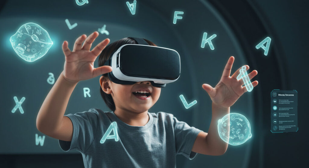 Kanak-kanak memakai VR headset dengan latar huruf dan ikon digital, melambangkan pembelajaran interaktif menggunakan teknologi moden.