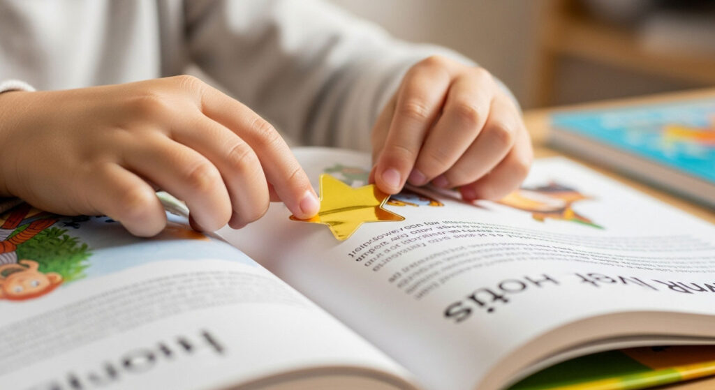 Kanak-kanak meletakkan pelekat bintang berwarna emas di buku bacaan sebagai tanda pencapaian selepas berjaya membaca.