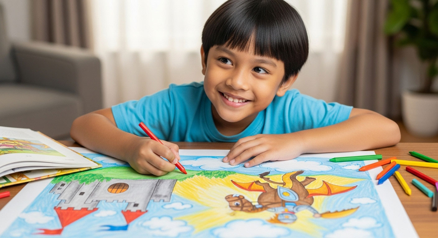 Kanak-kanak Melayu melukis babak dari cerita yang baru dibaca menggunakan krayon sambil tersenyum bangga dan kreatif.