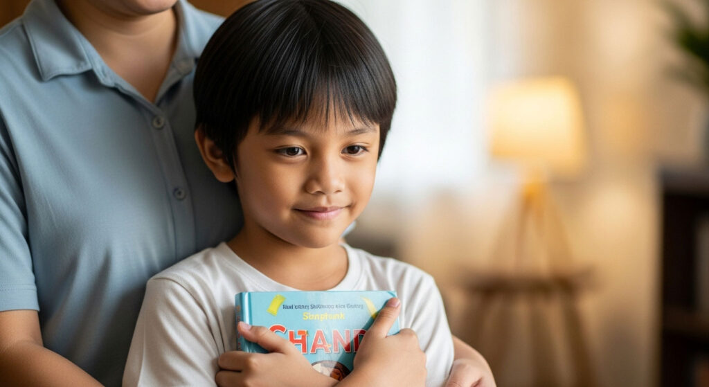 Anak kecil berdiri di sebelah ibu sambil memegang buku di dada dengan ekspresi pemalu dan lembut.