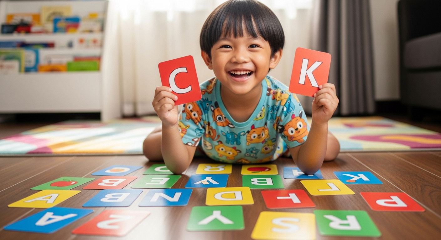 Kanak-kanak Melayu bermain permainan padanan huruf berwarna sambil ketawa, belajar membaca dengan cara menyeronokkan.