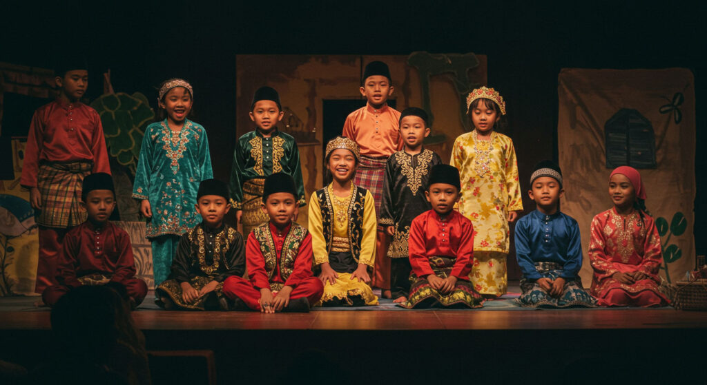 Sekumpulan kanak-kanak memakai kostum watak cerita rakyat berlakon di pentas kecil, melambangkan cara seronok hayati cerita tradisional.