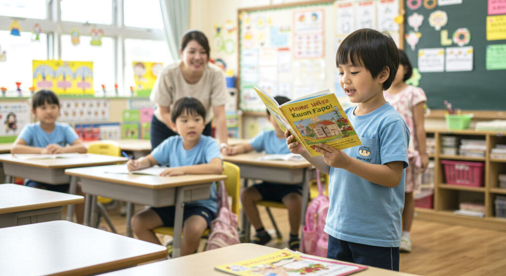 Kanak-kanak ceria membaca satu muka surat dari buku baru sambil ibu bapa tersenyum bangga memberi galakan.