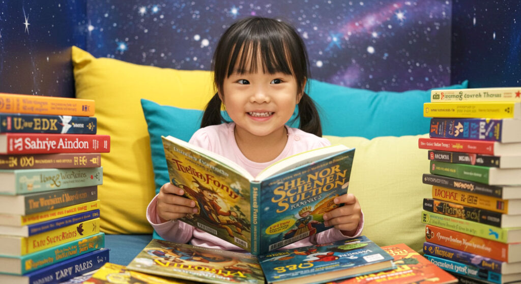 Kanak-kanak ceria duduk di sudut bacaan rumah sambil memilih buku dengan pelbagai tema berwarna-warni di sekelilingnya.