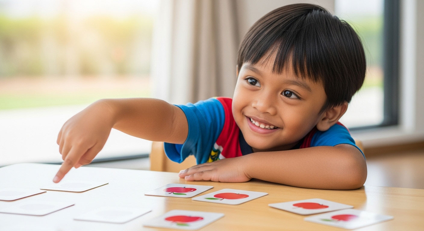 Kanak-kanak Melayu menunjukkan daya ingatan kuat dengan memadankan kad gambar dengan yakin dalam suasana ceria dan fokus.
