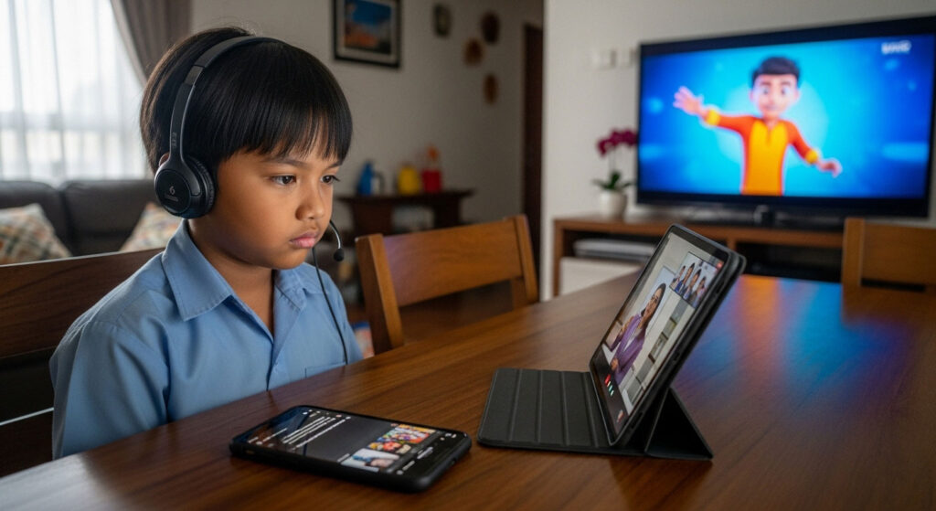 Kanak-kanak Melayu cuba fokus dalam kelas online sambil televisyen dan telefon terbuka di sekelilingnya, mengganggu tumpuan belajar.