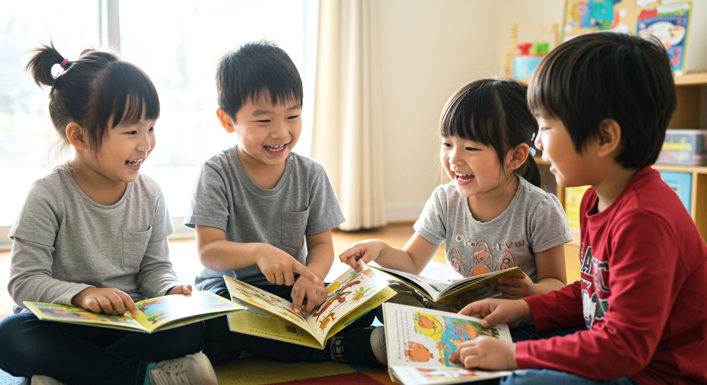 Sekumpulan kanak-kanak duduk dalam bulatan sambil membaca dan berkongsi buku cerita dengan wajah ceria.