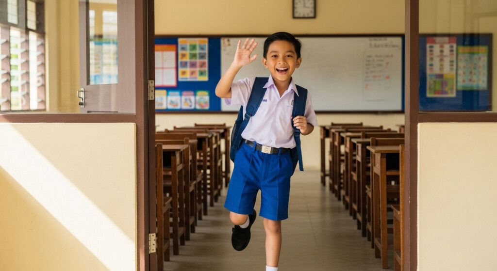 Kanak-kanak Melayu berpakaian seragam sekolah sambil tersenyum lebar dan melambai tangan, menunjukkan semangat dan keyakinan untuk