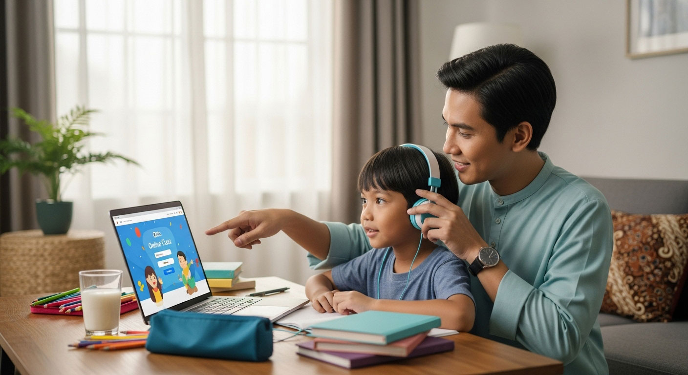 bu bapa membantu anak menyediakan laptop dan fon kepala sebelum kelas online pertama bermula, menunjukkan persediaan dan bimbingan awal.