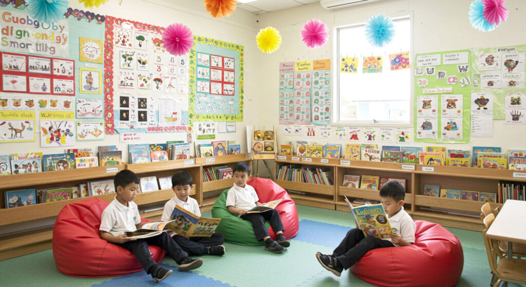 Sudut bacaan tadika berwarna-warni dengan poster, gantungan hiasan, bean bag dan rak buku, menjadikan ruang mesra untuk anak membaca.