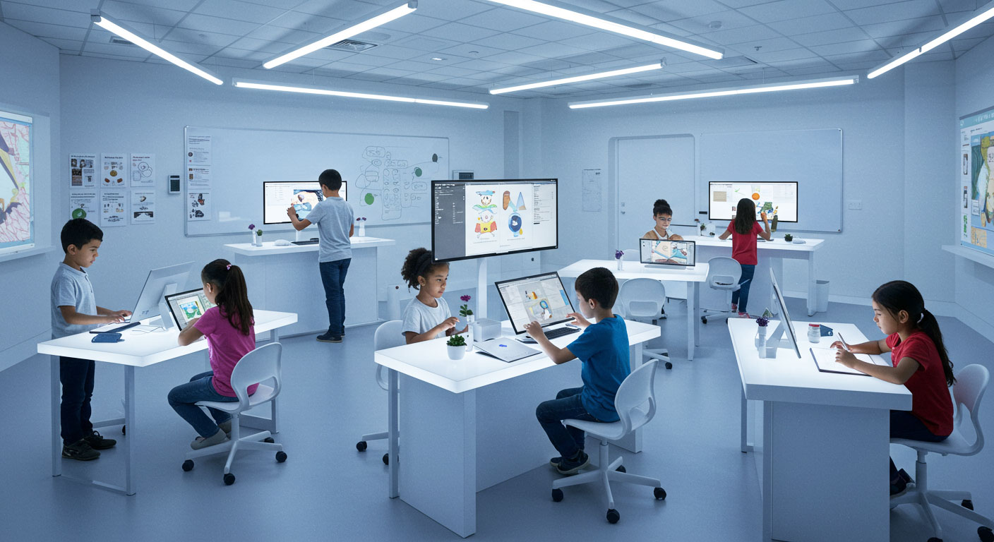 Pelajar di kelas futuristik hanya guna skrin digital tanpa buku cerita tradisional, melambangkan budaya yang semakin dilupakan.