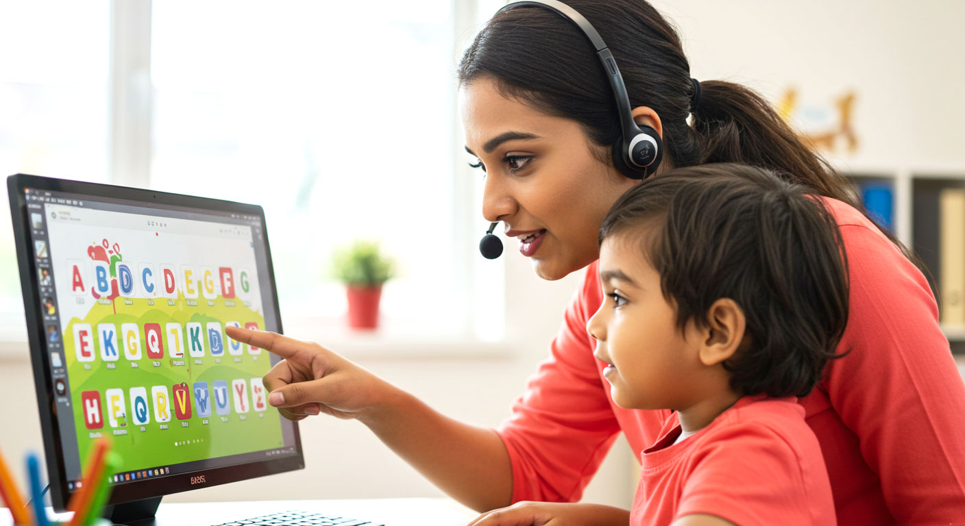 Guru memakai headset membimbing seorang murid secara personal dalam kelas online, menunjuk huruf di skrin sambil anak mengikut dengan yakin.