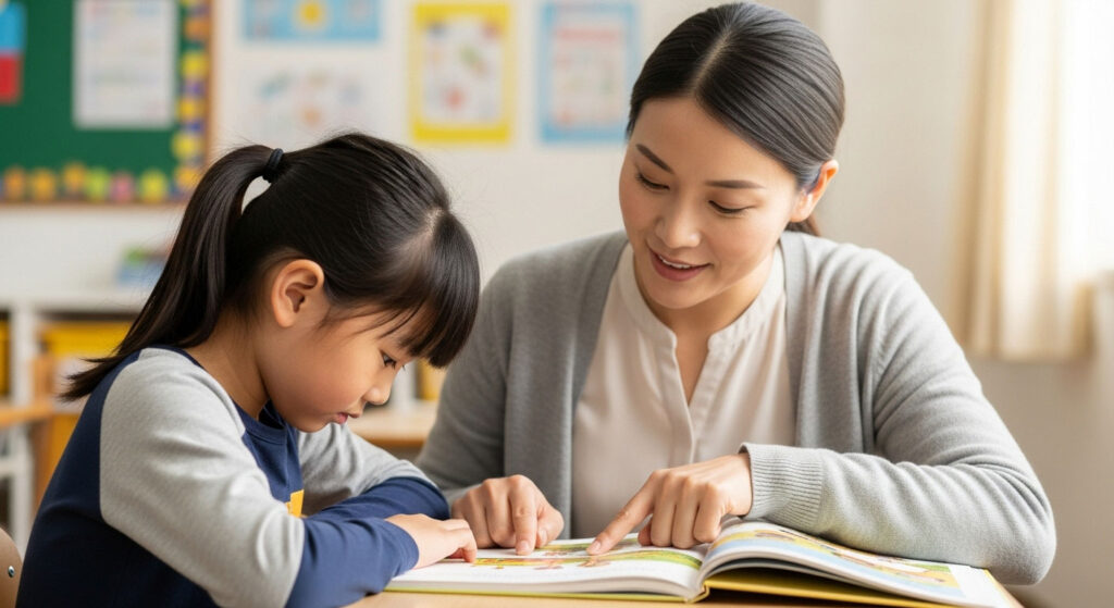 Guru menunduk sambil membimbing anak pemalu membaca buku dengan nada lembut dalam suasana kelas yang tenang dan mesra.