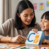 Ibu mengajar anak sebut bunyi huruf menggunakan kad imbas berwarna-warni dalam suasana rumah yang ceria dan santai.