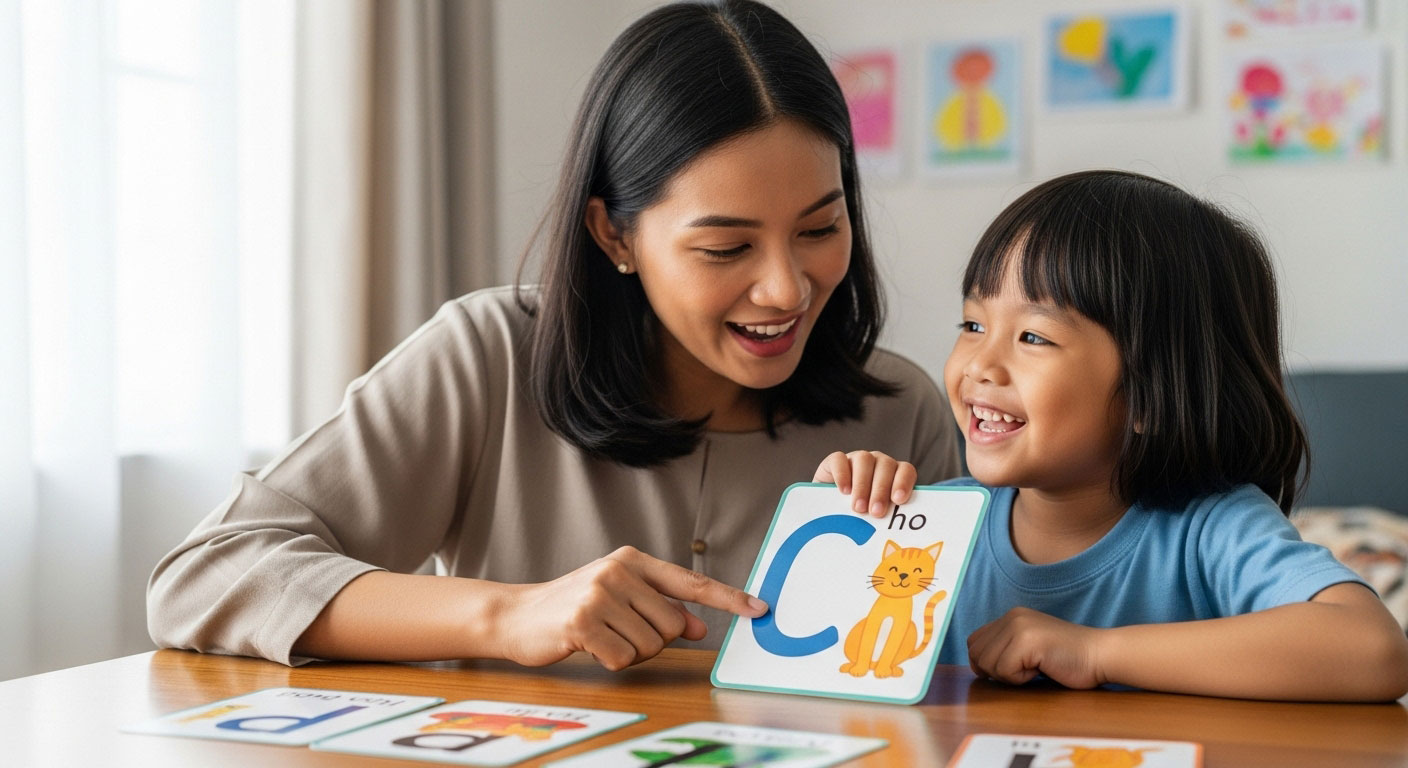 Ibu mengajar anak sebut bunyi huruf menggunakan kad imbas berwarna-warni dalam suasana rumah yang ceria dan santai.