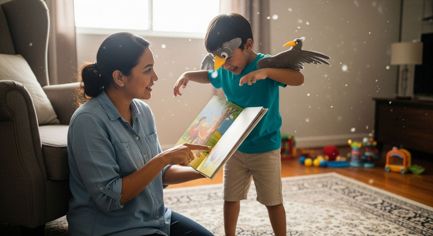 Ibu bapa membantu anak memahami jalan cerita dengan melakonkan watak menggunakan gerakan dan ekspresi semasa membaca bersama.