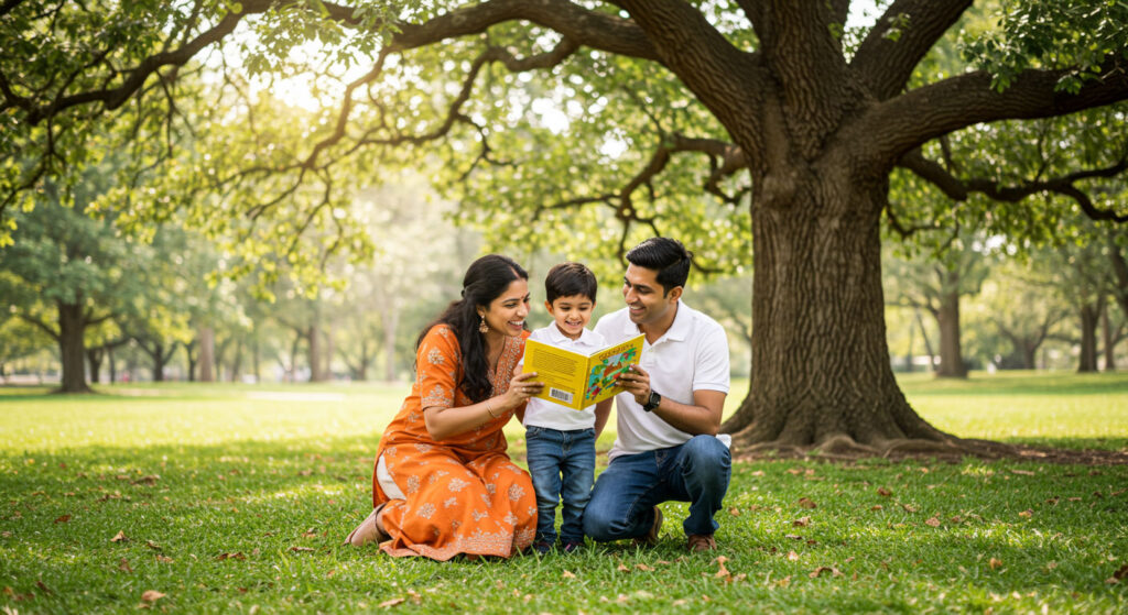 Ibu bapa memeluk anak dengan erat di taman sambil anak memegang buku cerita, melambangkan kasih sayang dan kebersamaan.