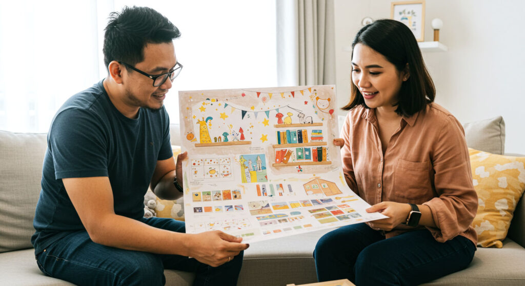 Ibu bapa melihat moodboard berisi idea dekorasi berwarna-warni sambil berbincang, merancang ruang bacaan ceria untuk anak.