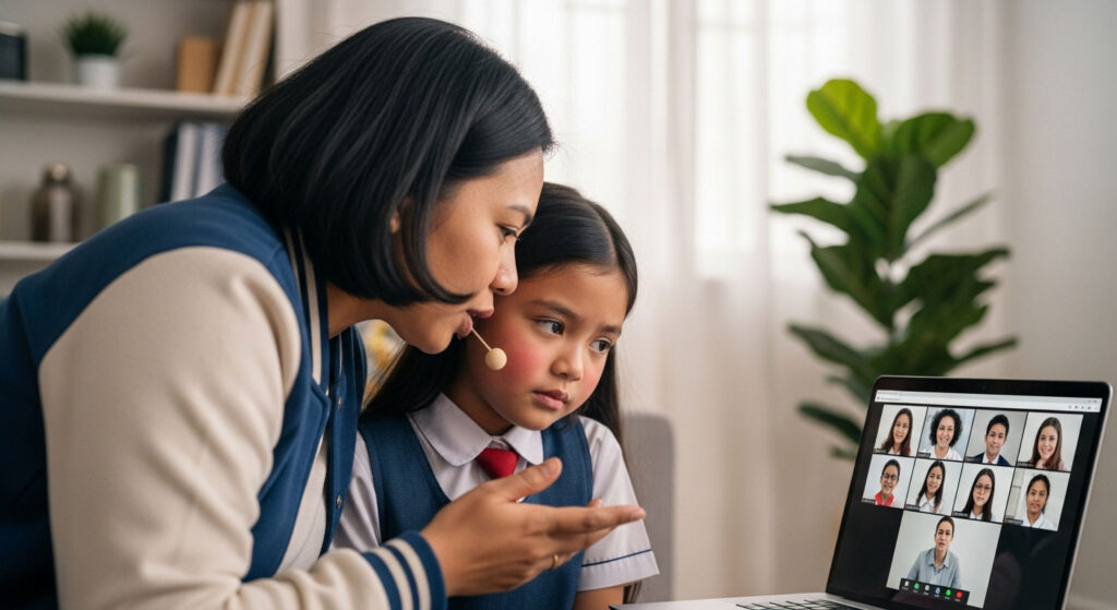 Ibu bapa duduk terlalu dekat dan menjawab bagi pihak anak semasa kelas online, menyebabkan anak kelihatan malu dan tidak selesa.