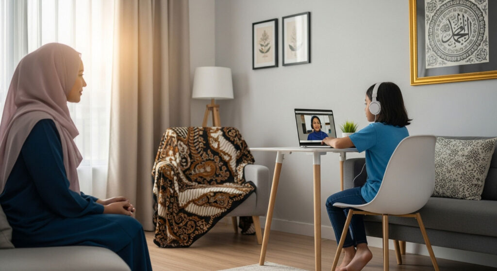 Seorang ibu memerhati anaknya menghadiri kelas online pertama di rumah dengan senyuman bangga dan suasana penuh sokongan.