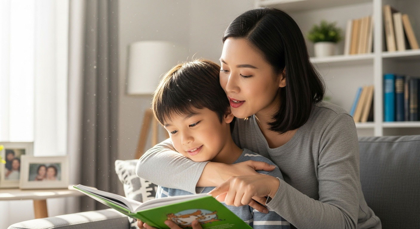 Ibu memeluk anak dengan penuh kasih selepas anak berjaya membaca buku pendek, melambangkan penghargaan atas pencapaian kecil.