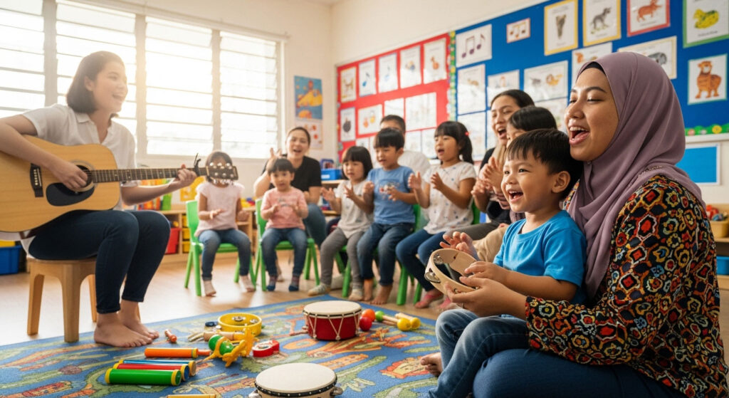 Ibu dan anak bernyanyi bersama dalam aktiviti kelas tadika yang ceria, disertai guru dan pelajar lain dengan suasana penuh keceriaan.