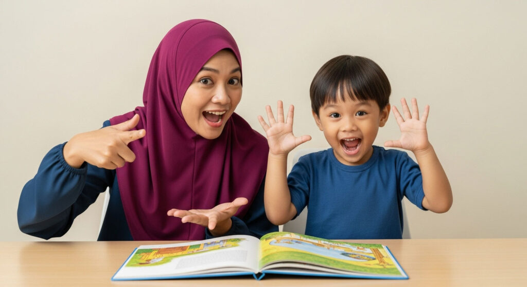Ibu dan anak melakonkan semula watak cerita buku dengan ekspresi ceria dan pergerakan menyeronokkan semasa waktu membaca bersama.