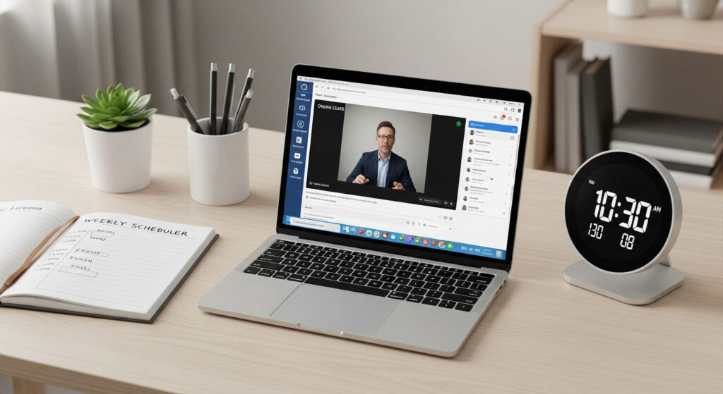 Meja belajar anak dengan laptop terbuka dan jadual mingguan di dinding, menunjukkan rutin belajar online yang konsisten.