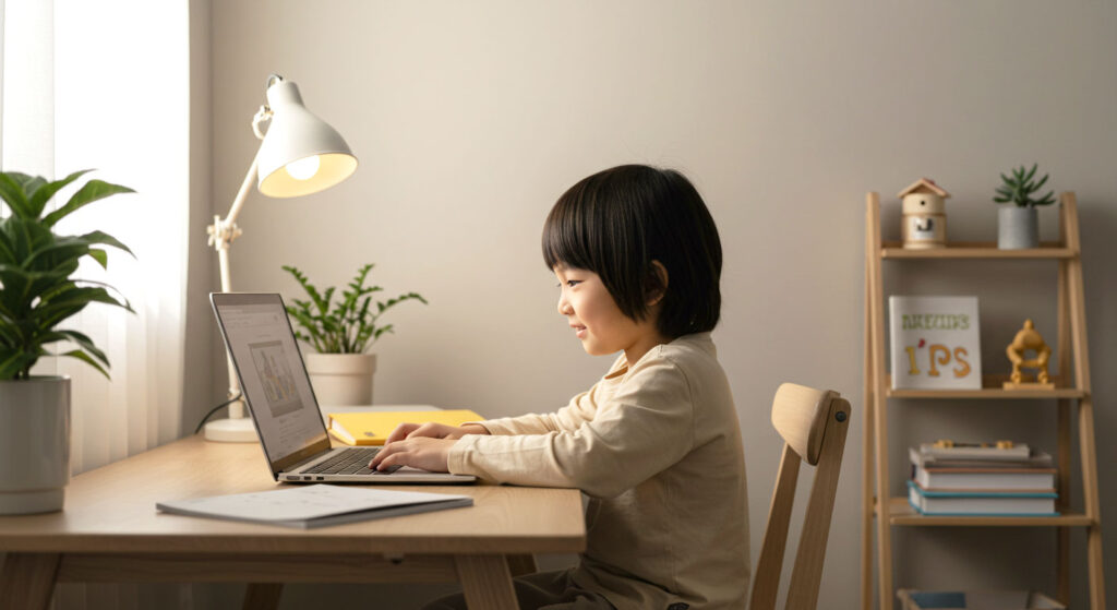 Kanak-kanak mengikuti kelas online di sudut belajar yang tenang dan kemas, tanpa gangguan, melambangkan fokus penuh semasa belajar.