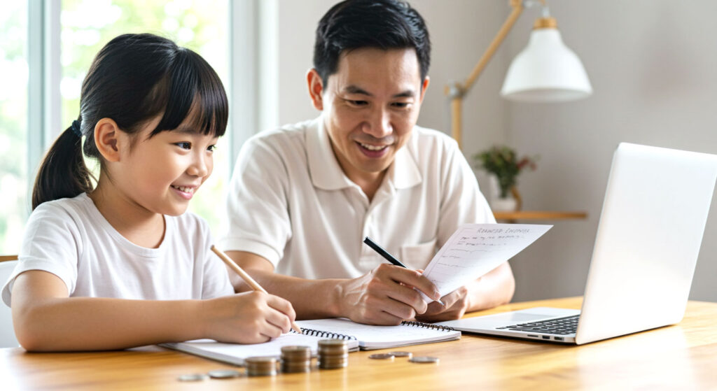 Anak mengikuti kelas online di laptop sambil ibu bapa tersenyum puas melihat penjimatan kos pembelajaran di rumah.