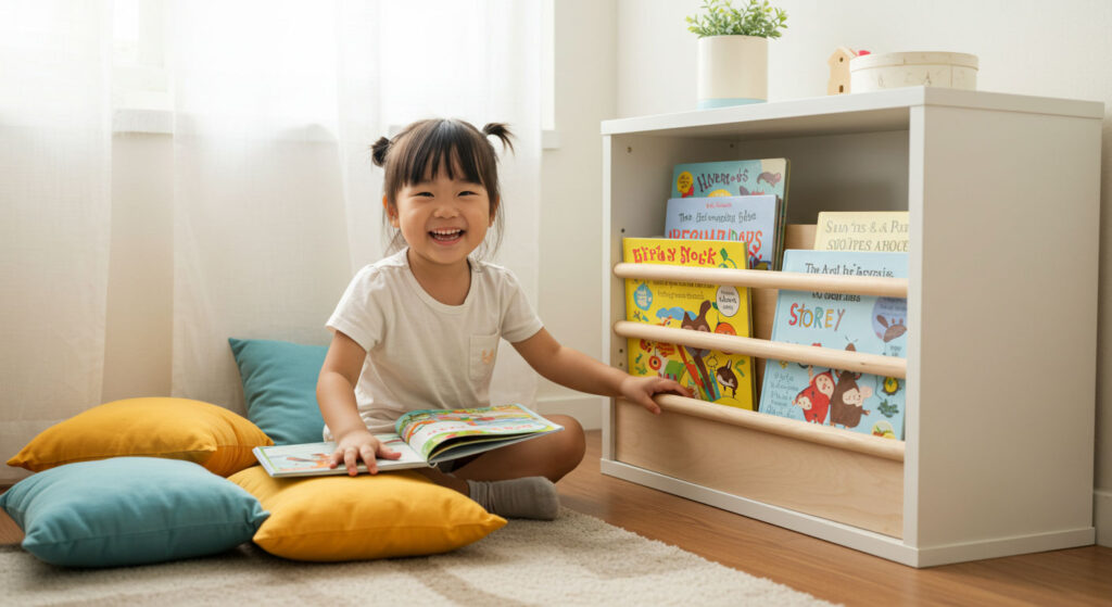 Kanak-kanak ceria menarik buku dari rak rendah berwarna-warni di sudut bacaan, simbol kebebasan memilih dan galakan membaca.