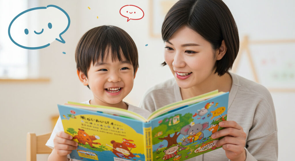 Kanak-kanak ceria memegang buku cerita sambil ibu bapa bertanya soalan ringkas, melambangkan kefahaman melalui perbualan.