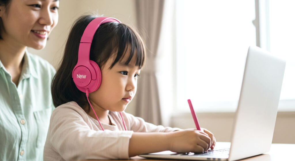 Anak kecil memakai fon kepala belajar online dengan ibu bapa di sebelah memberi senyuman sokongan, melambangkan fokus dan motivasi.