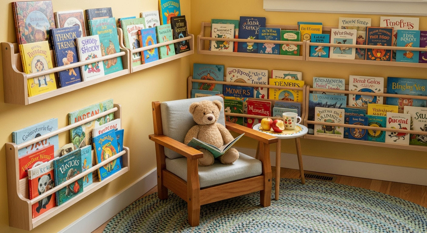 Rak buku rendah disusun pada aras pandangan mata kanak-kanak dengan buku berwarna-warni, memudahkan anak memilih dan membaca sendiri.