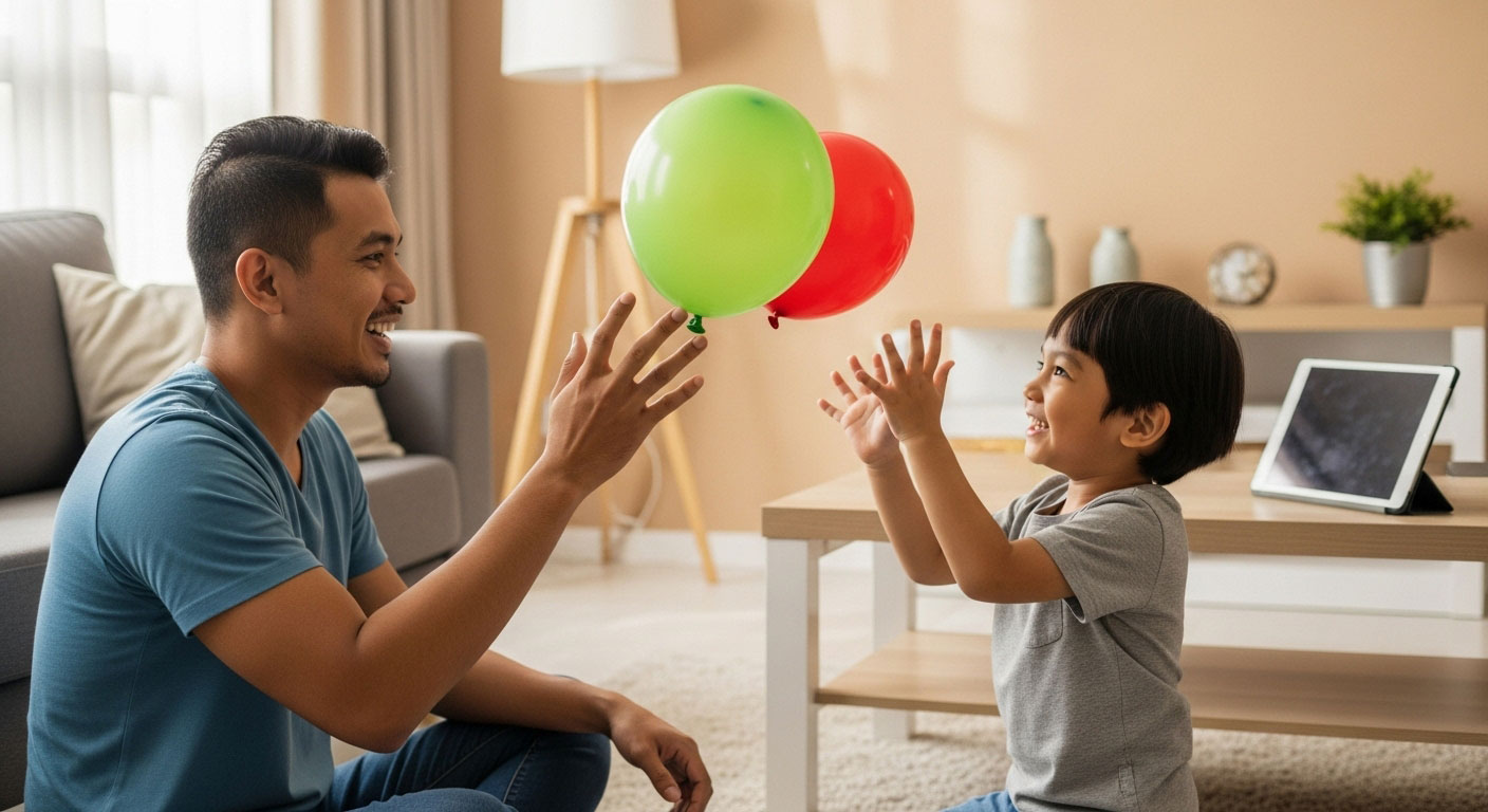 Ibu bapa Melayu mengajak anak bermain permainan fizikal ringkas seperti tepuk belon untuk alihkan perhatian daripada skrin.
