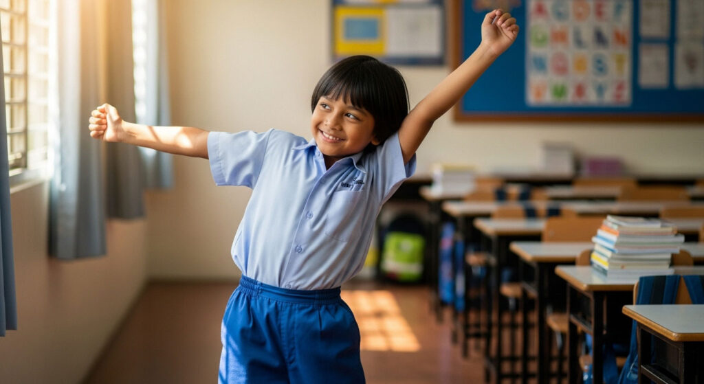Murid Tahun 1 melakukan regangan ringan bersama guru di dalam kelas sebelum sambung belajar.