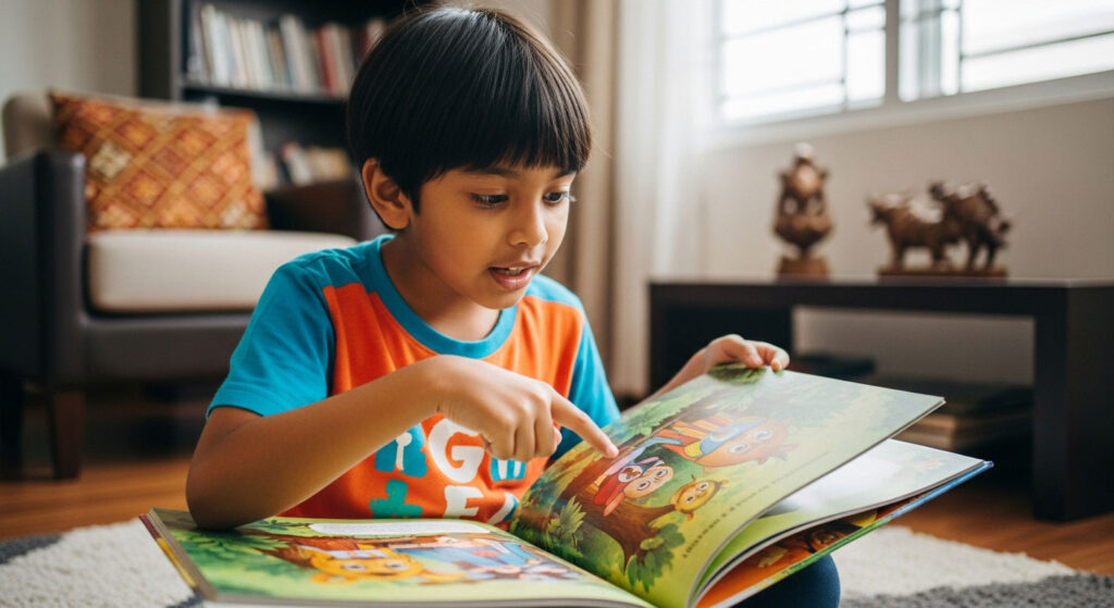 Kanak-kanak Melayu menunjuk gambar dalam buku sambil cuba menceritakan semula apa yang berlaku dalam cerita.