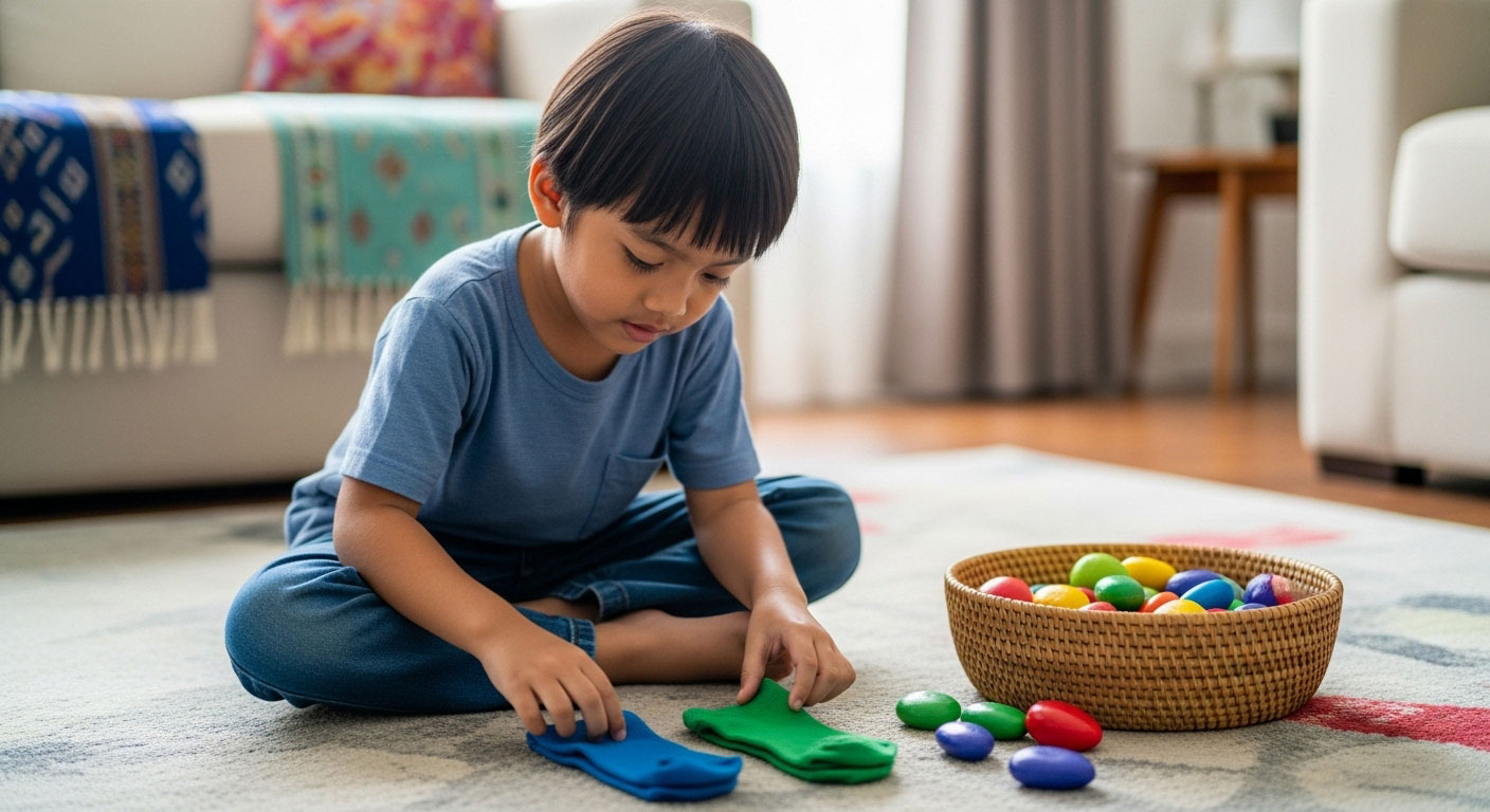 Kanak-kanak Melayu memadankan stokin berwarna-warni dari bakul, membantu mengasah ingatan dan kemahiran mengelaskan.