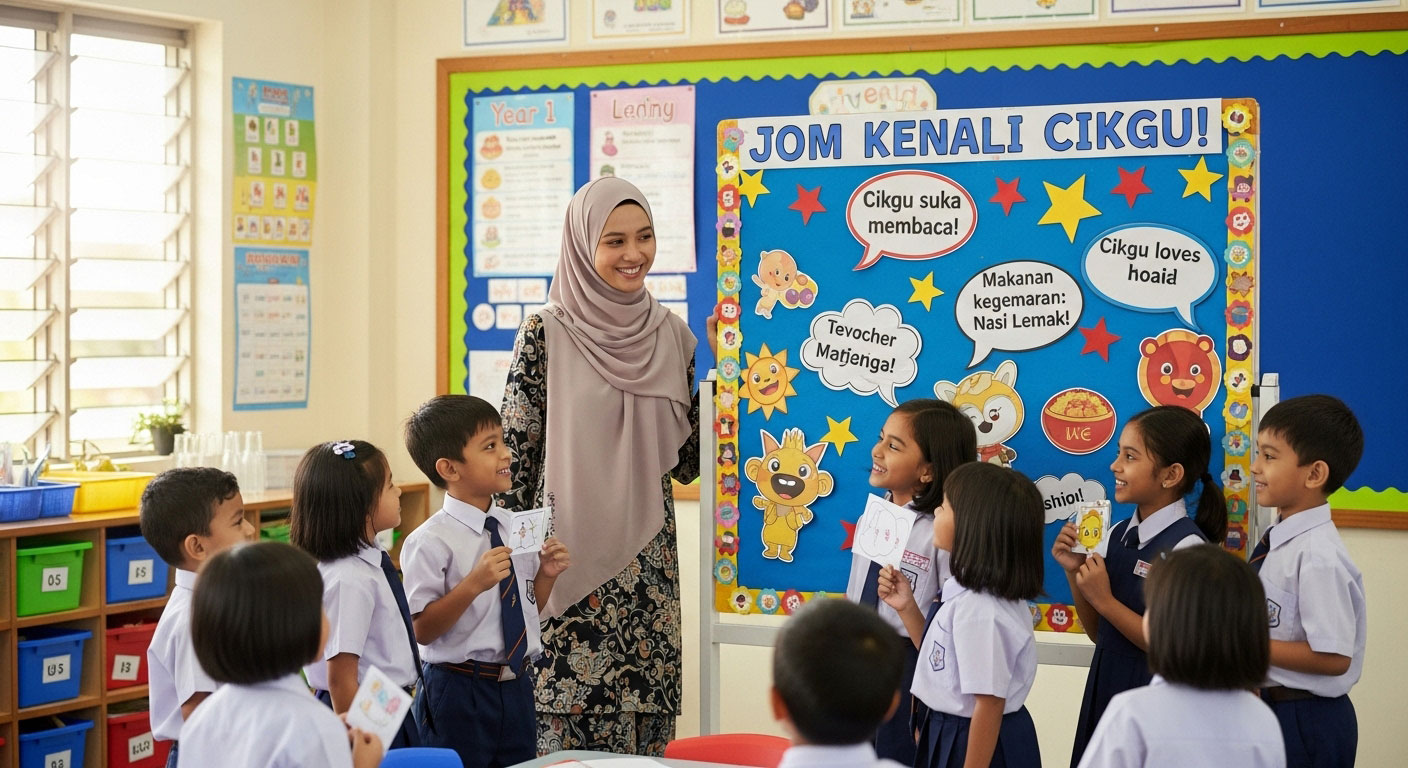 Guru Melayu menyambut murid Tahun 1 sambil menggunakan papan “Get To Know Me”, dan murid memperkenalkan diri dengan senyuman.