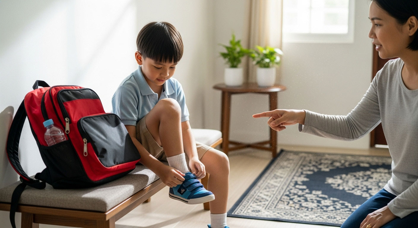 Kanak-kanak Melayu memakai kasut dan mengemas beg sekolah sambil dibimbing ibu bapa dengan suasana pagi yang ceria.