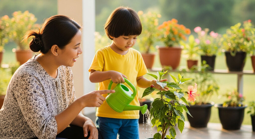 Anak membantu ibu bapa menyiram pokok sambil belajar mengenal warna, bentuk dan serangga melalui pemerhatian di taman.
