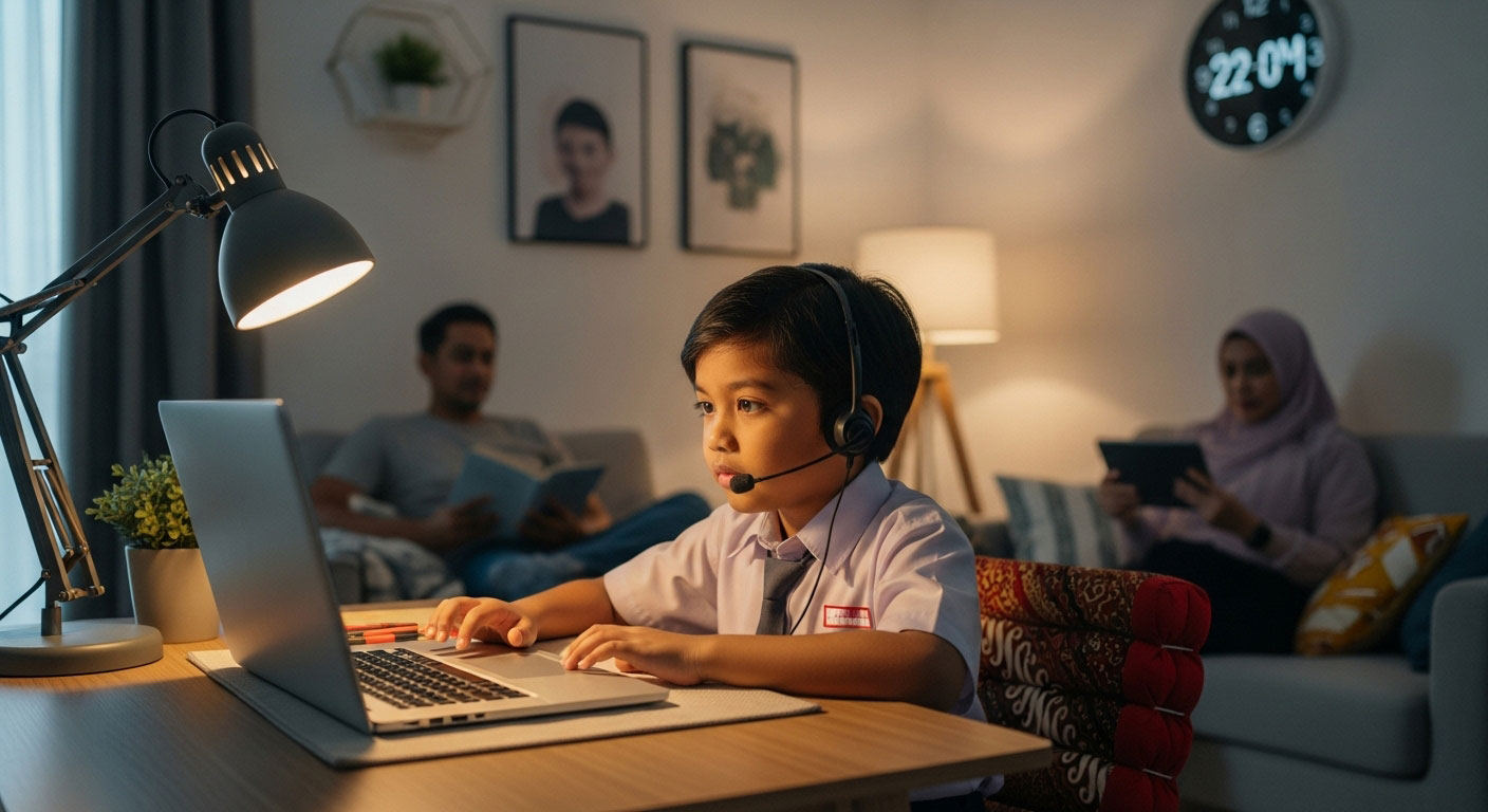 Kanak-kanak Melayu menghadiri kelas online pada waktu malam dengan cahaya lembut, sementara ibu bapa berehat berdekatan dengan tenang.