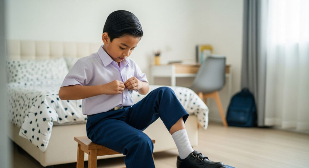 Kanak-kanak Melayu berumur 6 tahun memakai kasut dan butang baju sendiri, tanda bersedia ke sekolah.
