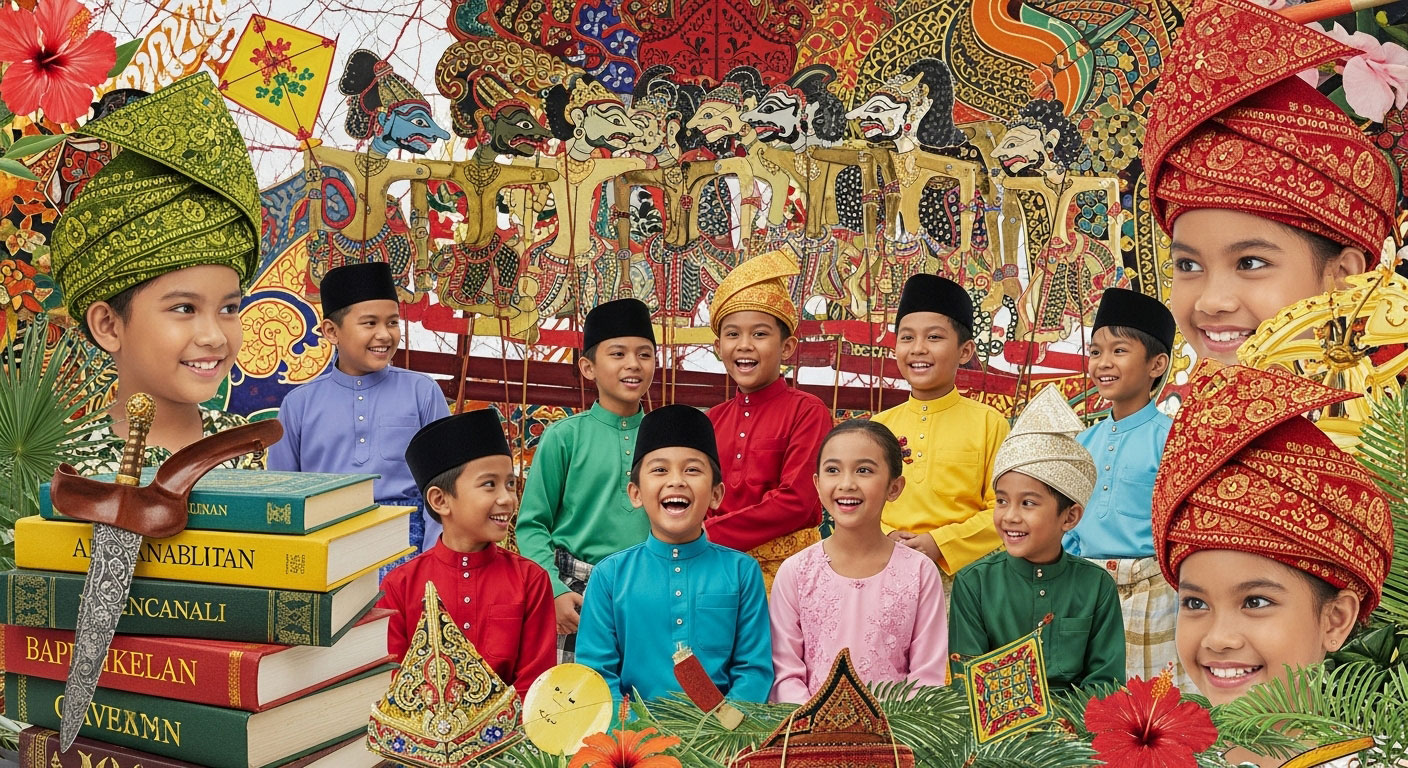 Kanak-kanak Melayu dikelilingi ikon budaya seperti tengkolok, wayang kulit dan buku cerita rakyat, melambangkan warisan bangsa.