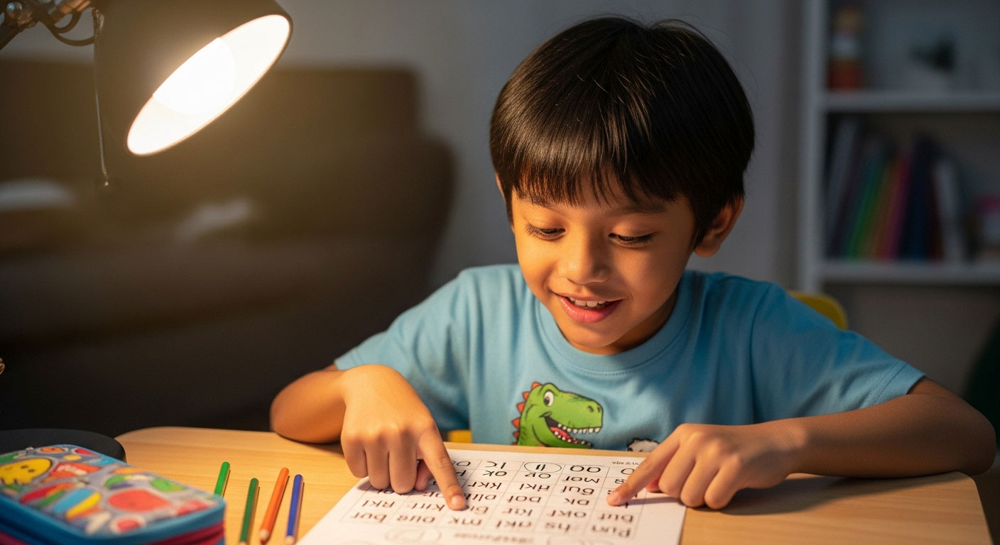 Kanak-kanak Melayu berumur 6 tahun menulis huruf di buku latihan sambil tersenyum apabila berjaya membaca perkataan mudah.