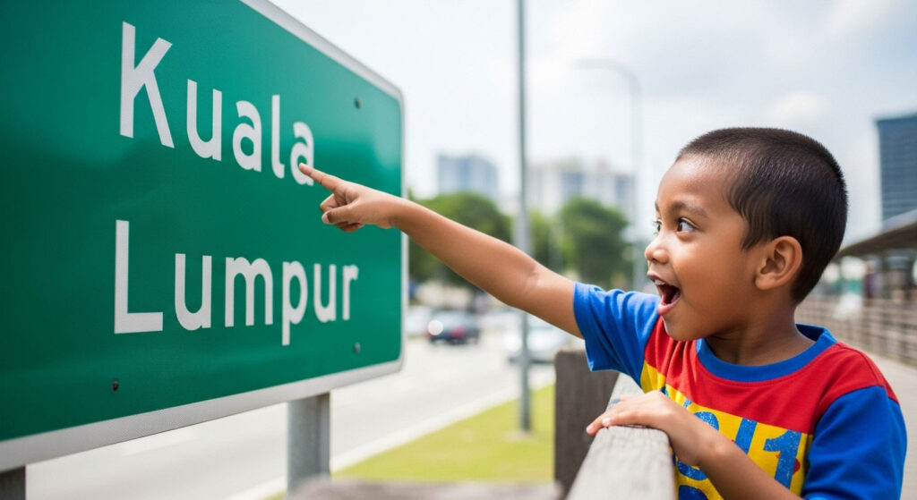 Kanak-kanak Melayu menunjuk huruf pada kotak makanan atau papan tanda dengan ekspresi teruja.